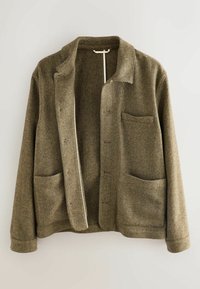 Braune Fischgrätjacke mit Kragen, Fronttaschen und Knopfverschluss. Hergestellt aus strukturiertem Stoff, offen vorne.