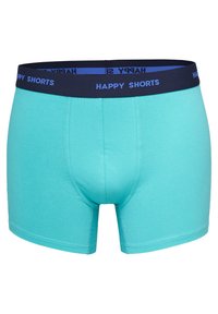 Licht turquoise boxershorts van zacht katoen, met een marineblauwe tailleband waarop "HAPPY SHORTS" in het wit is gedrukt.