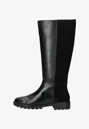 Botas negras hasta la rodilla que presentan una combinación de cuero liso y ante, con una suela de goma duradera y un acabado texturizado.