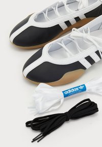 Black and white athletic shoes with a sleek design, leather upper, rubber sole, accompanied by black and white shoe laces.