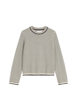 Long-sleeve, crewneck shirt in cream with black horizontal stripes. Ribbed neckline and cuffs. Slightly cropped design. Soft texture.
