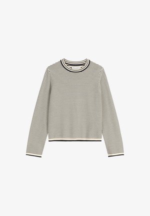 Long-sleeve, crewneck shirt in cream with black horizontal stripes. Ribbed neckline and cuffs. Slightly cropped design. Soft texture.