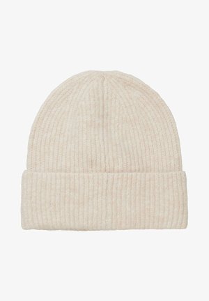 Cream knit beanie with ribbed texture and a folded cuff. Soft material and lightweight design suitable for cold weather.