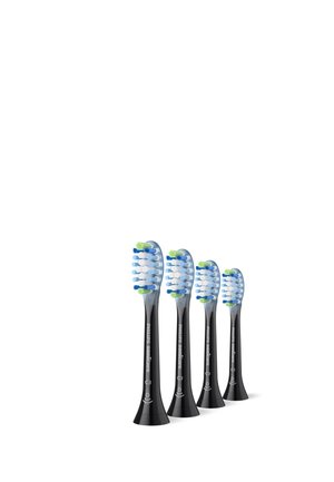 Vier schwarze Ersatzbürstenköpfe für Philips Sonicare elektrische Zahnbürsten mit blauen, weißen und grünen Borsten, die in einer Reihe auf einem weißen Hintergrund angeordnet sind.