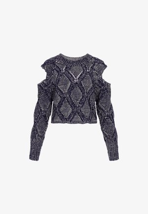 Marineblauwe cropped trui met cold-shoulder ontwerp, textuur gebreide patroon en geribbelde manchetten. Heeft diamanten vormen en contrasterend garen.