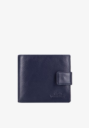 Donkerblauwe gestructureerde leren portemonnee met drukknoopsluiting en geperst Wittchen-logo aan de voorzijde rechtsonder.