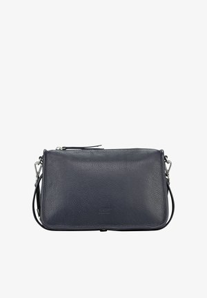 Sac bandoulière en cuir bleu marine foncé, doté d'une texture lisse, d'une fermeture éclair supérieure, d'une sangle réglable et d'un logo discret à l'avant.