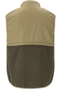 Ärm-lös väst gjord av quiltat beige material på toppen och texturerat mörkgrönt fleece på botten, med hög krage och inga synliga knäppningar.