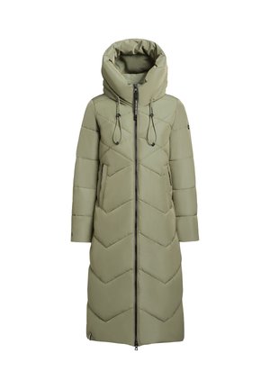 Padded, knee-length coat in light olive green with chevron stitching, detachable hood, two side pockets, and front zipper closure.