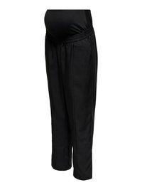 Mustat äitiys-housut joustavalla vyötäröllä, joissa on löysä leikkaus ja kapeat lahkeet, valmistettu pehmeästä, joustavasta kankaasta.