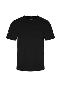 Czarna koszulka z krótkim rękawem wykonana z bawełny, z okrągłym dekoltem, prostym wykończeniem dołu oraz małym logo na lewym rękawie.