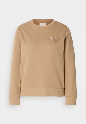 Felpa beige con colletto a girocollo, maniche lunghe, polsini e orlo a costine, e piccolo logo GANT ricamato sul lato sinistro del petto.