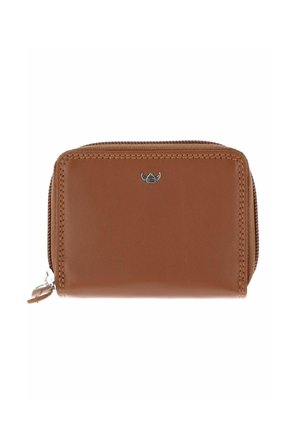 Portefeuille en cuir marron avec fermeture éclair tout autour, petit logo argenté à l'avant et bords cousus.