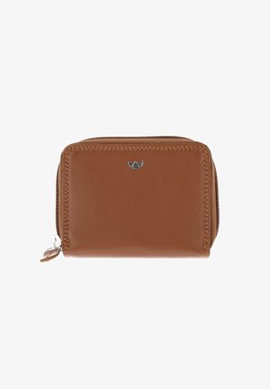 Brown leather zip-around wallet with small silver logo emblem on front and stitched edges.