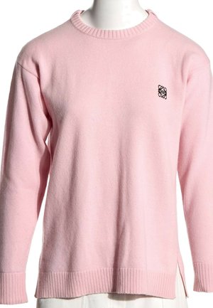 Jasnoróżowy sweter z okrągłym dekoltem, długimi rękawami, prążkowanymi mankietami i dołem oraz małym czarnym haftowanym logo na lewej piersi.