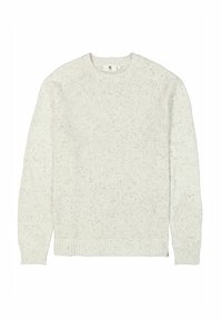 Heller cremefarbener Pullover aus einem strukturierten Strickmaterial, mit Rundhalsausschnitt, langen Ärmeln und durchgehend gesprenkelten Akzenten.