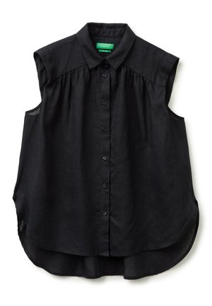Blouse noire sans manches à boutons avec col, empiècement froncé et ourlet arrondi, en lin léger de United Colors of Benetton.