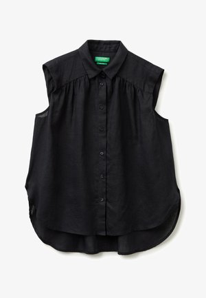 Blusa negra sin mangas con botones, cuello, canesú fruncido y bajo curvado, tela ligera de lino de United Colors of Benetton.