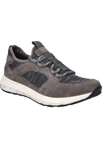 Grauer Wildleder- und Mesh-Sneaker mit runder Zehenpartie, elastischen Schnürsenkeln und weißer Sohle. Verfügt über ein strukturiertes Design und einen gepolsterten Kragen.
