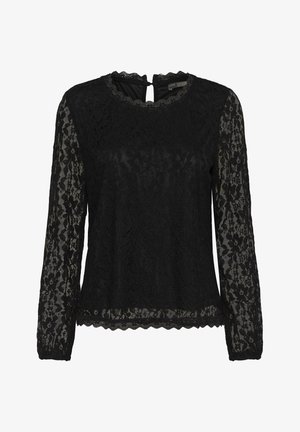 Crna čipkana bluza s dugim rukavima, s oštrim izrezom, prozirnim čipkastim rukavima i detaljem u obliku ključanice na leđima. Mekani, strukturirani materijal s cvjetnim uzorkom.
