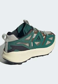 Scarpa sportiva verde e marrone con tomaia in mesh testurizzato e suede, con un evidente linguetta sul tallone e suola in gomma leggera. Sistema di allacciatura regolabile.