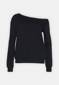 Off-shoulder svart sweatshirt i mjukt material. Har långa ärmar, ribbade mudd och en avslappnad passform vid fållen.