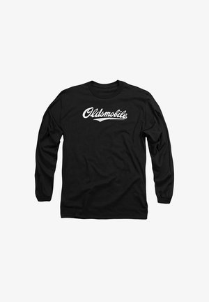Schwarzes Langarm-T-Shirt aus Baumwolle; mit dem Text "Oldsmobile" in weißer Schreibschrift quer über die Brust. Klassisches Rundhals-Design.