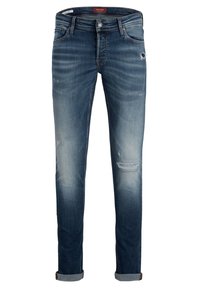Slim fit džíny ve středně modrém denimu, s odřenými detaily, blednutím, ohrnutým lemem a pěti kapsami.