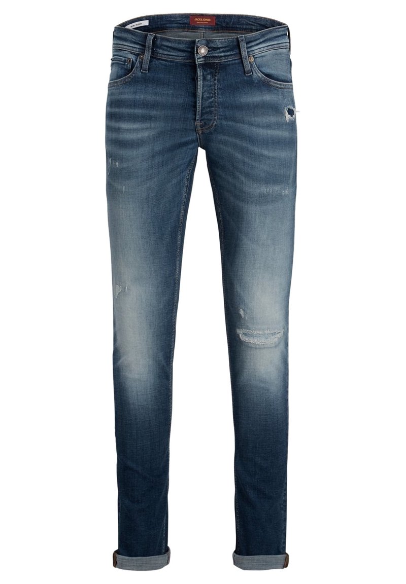 Slim fit džíny ve středně modrém denimu, s odřenými detaily, blednutím, ohrnutým lemem a pěti kapsami.