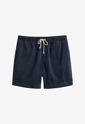 Tumesinised meeste ujumispüksid elastse vöö ja valge nööriga, küljetaskute ja sirge äärega.