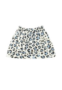 Gonna leopard print con base bianca, macchie nere e azzurro chiaro, cintura elastica e design arricciato. Realizzata in tessuto morbido.