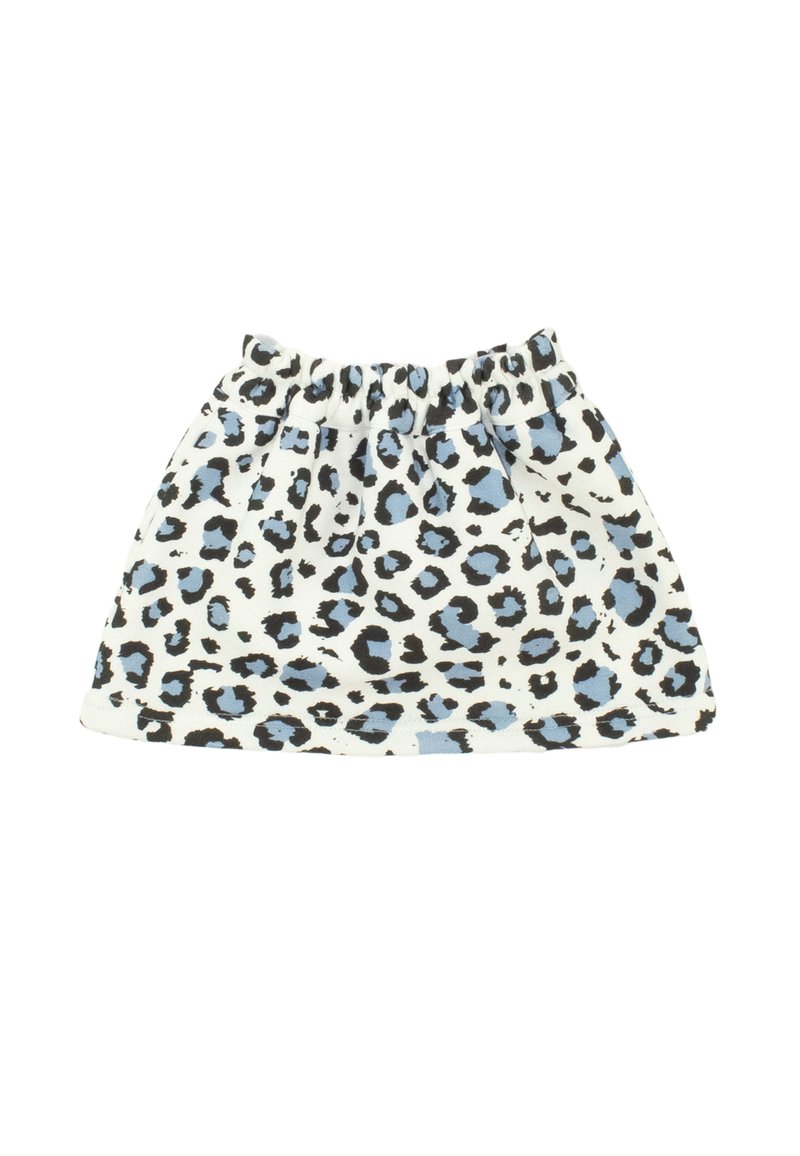 Gonna leopard print con base bianca, macchie nere e azzurro chiaro, cintura elastica e design arricciato. Realizzata in tessuto morbido.