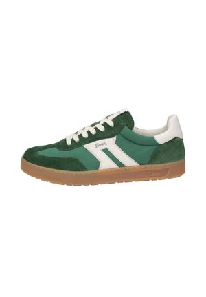 Low-top groene en witte sneaker met suède accenten, witte veters, gumzool en een merkstreep aan de zijkant, gezien vanaf de buitenkant.