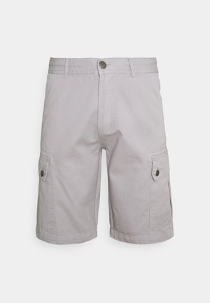 Light gray cargo shorts made of cotton. Features a button closure, side pockets, and embroidery on the leg. Casual design.