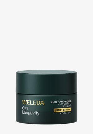 Pot vert foncé étiqueté « Weleda Cell Longevity Super Anti-Aging Youth Boosting Eye Balm avec NAD+ Booster et Retino-Cell ».