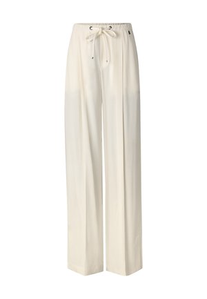 Kremowe spodnie o szerokich nogawkach z elastycznym pasem i sznurkiem do wiązania, z subtelnymi plisami na przodzie.