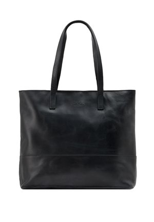 Borsa tote in pelle nera con due manici lunghi, texture liscia e dettagli di cucitura discreti su uno sfondo bianco semplice.