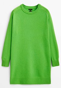 Pull tricoté vert vif à manches longues avec poignets, col et ourlet côtelés, présenté sur un fond blanc.