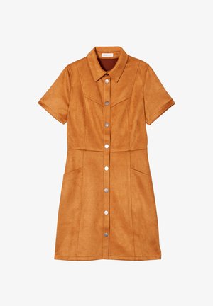 Brown suede dress with short sleeves, pointed collar, button front closure, two side pockets, and stitched detailing on the bodice.