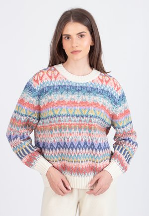 Gebreide trui met een multicolor geometrisch patroon in tinten blauw, roze, geel en crème. Ribbelboord aan de halslijn en de boorden.