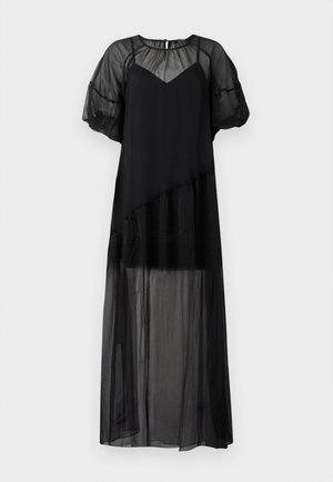 Vestido preto com tecido transparente e fluido. Apresenta mangas curtas bufantes, decote em V e uma bainha assimétrica com detalhes em babados.