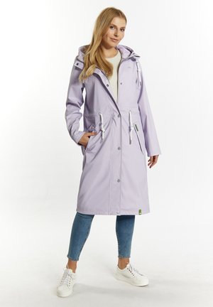 Lavender raincoat with a hood, cinch drawstrings at the waist, and snap-button closure. Features two side pockets and durable material.