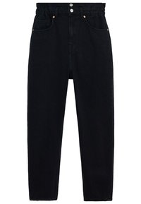 High-waisted black jeans with gathered waistband, button closure, front pockets, and a tapered leg design.