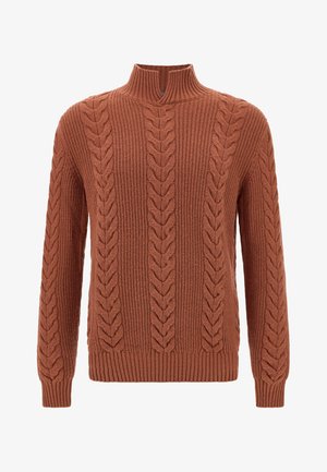 Bronzově zbarvený pletený svetr s vysokým límcem, zdobený vzorem kabelového pletení. Žebrované manžety a lem doplňují texturovaný design.