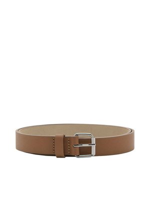 Cintura in pelle marrone con fibbia rettangolare argentata e un unico passante, mostrata arrotolata su sfondo bianco.