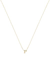 Collier en pendentif en or avec une chaîne délicate, mettant en avant une lettre majuscule "P" comme pièce centrale. Design simple et moderne avec une texture lisse.