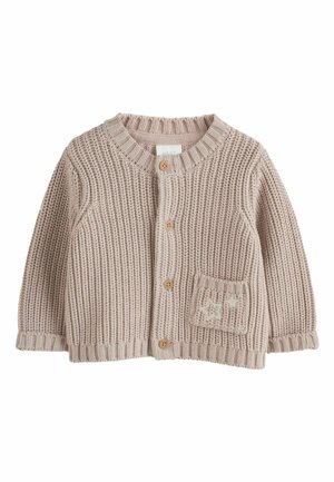 Light beige knitted cardigan, featuring a round neck, button front, and a pocket with star detailing. Ribbed cuffs and hem.