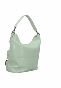 Mint green leather shoulder bag with a slouchy design, reinforced stitching, and a single handle. Features a side pocket for additional storage.