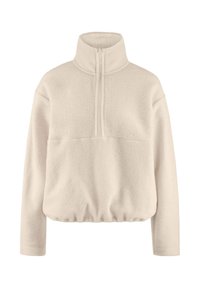 Sudadera de forro polar color crema con cuello alto, cierre de media cremallera, hombros caídos y dobladillo fruncido. Textura suave en toda la prenda.