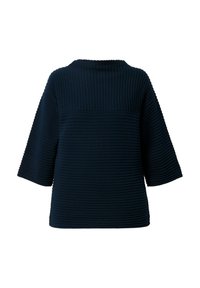 Pull côtelé bleu marine avec larges manches trois-quarts et encolure bateau, montrant les détails avant et la texture.